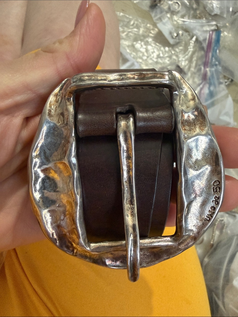 UNO de 50 Dark Brown Leather Belt with Hammered Silver Buckle